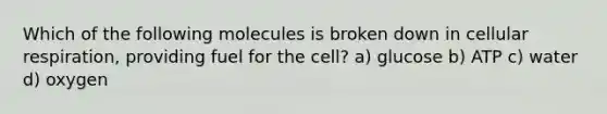 Which of the following molecules is broken down in cellular respiration, providing fuel for the cell? a) glucose b) ATP c) water d) oxygen