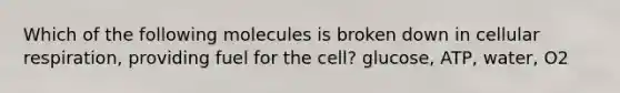 Which of the following molecules is broken down in cellular respiration, providing fuel for the cell? glucose, ATP, water, O2