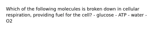 Which of the following molecules is broken down in cellular respiration, providing fuel for the cell? - glucose - ATP - water - O2