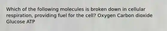 Which of the following molecules is broken down in cellular respiration, providing fuel for the cell? Oxygen Carbon dioxide Glucose ATP