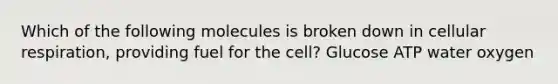 Which of the following molecules is broken down in cellular respiration, providing fuel for the cell? Glucose ATP water oxygen