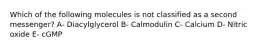 Which of the following molecules is not classified as a second messenger? A- Diacylglycerol B- Calmodulin C- Calcium D- Nitric oxide E- cGMP