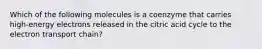 Which of the following molecules is a coenzyme that carries high-energy electrons released in the citric acid cycle to the electron transport chain?