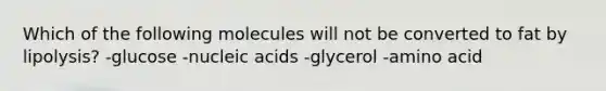 Which of the following molecules will not be converted to fat by lipolysis? -glucose -nucleic acids -glycerol -amino acid