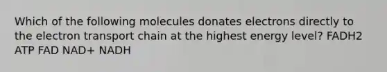 Which of the following molecules donates electrons directly to the electron transport chain at the highest energy level? FADH2 ATP FAD NAD+ NADH