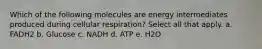 Which of the following molecules are energy intermediates produced during cellular respiration? Select all that apply. a. FADH2 b. Glucose c. NADH d. ATP e. H2O