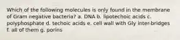 Which of the following molecules is only found in the membrane of Gram negative bacteria? a. DNA b. lipotechoic acids c. polyphosphate d. techoic acids e. cell wall with Gly inter-bridges f. all of them g. porins