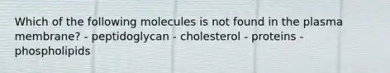 Which of the following molecules is not found in the plasma membrane? - peptidoglycan - cholesterol - proteins - phospholipids