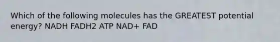 Which of the following molecules has the GREATEST potential energy? NADH FADH2 ATP NAD+ FAD