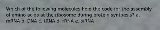 Which of the following molecules hold the code for the assembly of amino acids at the ribosome during protein synthesis? a. mRNA b. DNA c. tRNA d. rRNA e. siRNA