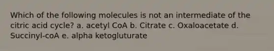 Which of the following molecules is not an intermediate of the citric acid cycle? a. acetyl CoA b. Citrate c. Oxaloacetate d. Succinyl-coA e. alpha ketogluturate