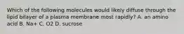 Which of the following molecules would likely diffuse through the lipid bilayer of a plasma membrane most rapidly? A. an amino acid B. Na+ C. O2 D. sucrose