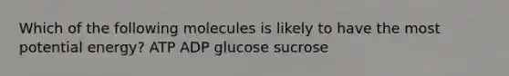 Which of the following molecules is likely to have the most potential energy? ATP ADP glucose sucrose