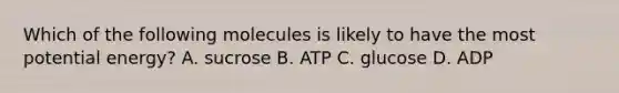 Which of the following molecules is likely to have the most potential energy? A. sucrose B. ATP C. glucose D. ADP