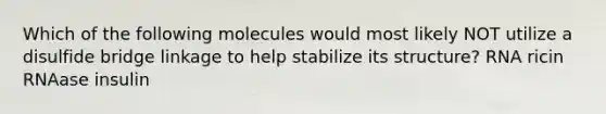 Which of the following molecules would most likely NOT utilize a disulfide bridge linkage to help stabilize its structure? RNA ricin RNAase insulin