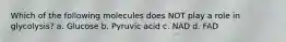 Which of the following molecules does NOT play a role in glycolysis? a. Glucose b. Pyruvic acid c. NAD d. FAD