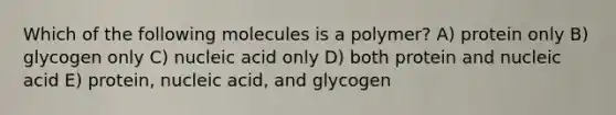 Which of the following molecules is a polymer? A) protein only B) glycogen only C) nucleic acid only D) both protein and nucleic acid E) protein, nucleic acid, and glycogen