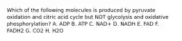 Which of the following molecules is produced by pyruvate oxidation and citric acid cycle but NOT glycolysis and oxidative phosphorylation? A. ADP B. ATP C. NAD+ D. NADH E. FAD F. FADH2 G. CO2 H. H2O