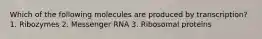 Which of the following molecules are produced by transcription? 1. Ribozymes 2. Messenger RNA 3. Ribosomal proteins