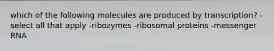 which of the following molecules are produced by transcription? -select all that apply -ribozymes -ribosomal proteins -messenger RNA