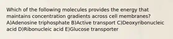 Which of the following molecules provides the energy that maintains concentration gradients across cell membranes? A)Adenosine triphosphate B)Active transport C)Deoxyribonucleic acid D)Ribonucleic acid E)Glucose transporter