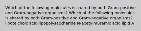 Which of the following molecules is shared by both Gram-positive and Gram-negative organisms? Which of the following molecules is shared by both Gram-positive and Gram-negative organisms? lipoteichoic acid lipopolysaccharide N-acetylmuramic acid lipid A