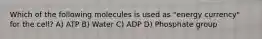 Which of the following molecules is used as "energy currency" for the cell? A) ATP B) Water C) ADP D) Phosphate group