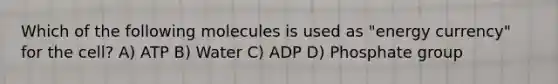 Which of the following molecules is used as "energy currency" for the cell? A) ATP B) Water C) ADP D) Phosphate group