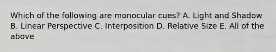 Which of the following are monocular cues? A. Light and Shadow B. Linear Perspective C. Interposition D. Relative Size E. All of the above