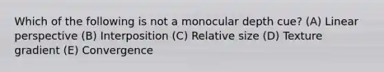 Which of the following is not a monocular depth cue? (A) Linear perspective (B) Interposition (C) Relative size (D) Texture gradient (E) Convergence