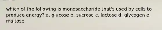 which of the following is monosaccharide that's used by cells to produce energy? a. glucose b. sucrose c. lactose d. glycogen e. maltose