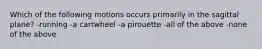 Which of the following motions occurs primarily in the sagittal plane? -running -a cartwheel -a pirouette -all of the above -none of the above