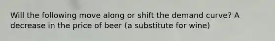 Will the following move along or shift the demand curve? A decrease in the price of beer (a substitute for wine)