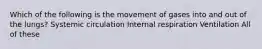 Which of the following is the movement of gases into and out of the lungs? Systemic circulation Internal respiration Ventilation All of these