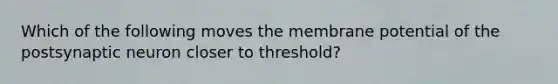 Which of the following moves the membrane potential of the postsynaptic neuron closer to threshold?