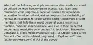 Which of the following multiple communication methods would be utilized to know how/where to access (e.g., learn and remember your program or location; search for recreation accessible for older individuals) and explain the availability of recreation resources for older adults and/or caregivers or staff members that help them meet personal goals, maximize function, maintain independence, and live in their preferred and/or least restrictive environment? a. Inclusion U Recreation Database b. Mass media materials (e.g., La Crosse Parks & Rec Connect - Dementia related programs) c. Explore La Crosse (explorelacrosse.com) d. All of the above