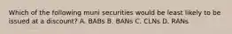 Which of the following muni securities would be least likely to be issued at a discount? A. BABs B. BANs C. CLNs D. RANs