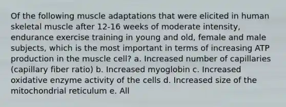 Of the following muscle adaptations that were elicited in human skeletal muscle after 12-16 weeks of moderate intensity, endurance exercise training in young and old, female and male subjects, which is the most important in terms of increasing <a href='https://www.questionai.com/knowledge/kQXM5vFKbG-atp-production' class='anchor-knowledge'>atp production</a> in the muscle cell? a. Increased number of capillaries (capillary fiber ratio) b. Increased myoglobin c. Increased oxidative enzyme activity of the cells d. Increased size of the mitochondrial reticulum e. All