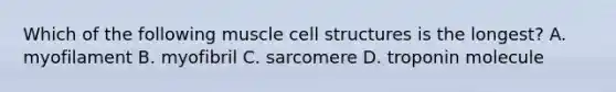 Which of the following muscle cell structures is the longest? A. myofilament B. myofibril C. sarcomere D. troponin molecule