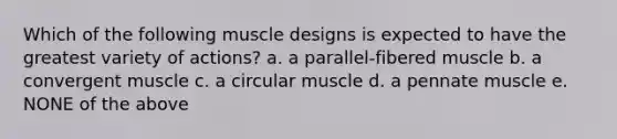 Which of the following muscle designs is expected to have the greatest variety of actions? a. a parallel-fibered muscle b. a convergent muscle c. a circular muscle d. a pennate muscle e. NONE of the above