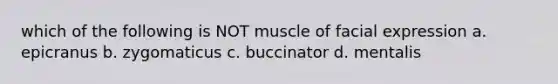 which of the following is NOT muscle of facial expression a. epicranus b. zygomaticus c. buccinator d. mentalis