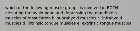 which of the following muscle groups is involved in BOTH elevating the hyoid bone and depressing the mandible a. muscles of mastication b. suprahyoid muscles c. infrahyoid muscles d. intrinsic tongue muscles e. extrinsic tongue muscles