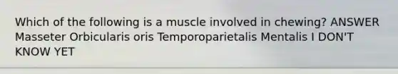 Which of the following is a muscle involved in chewing? ANSWER Masseter Orbicularis oris Temporoparietalis Mentalis I DON'T KNOW YET