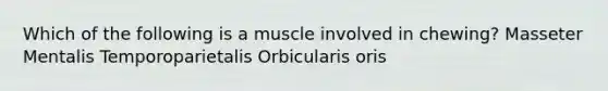 Which of the following is a muscle involved in chewing? Masseter Mentalis Temporoparietalis Orbicularis oris