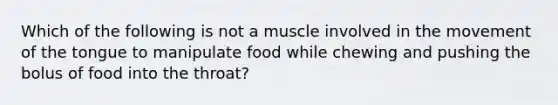 Which of the following is not a muscle involved in the movement of the tongue to manipulate food while chewing and pushing the bolus of food into the throat?