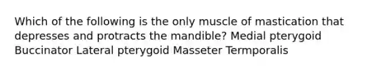 Which of the following is the only muscle of mastication that depresses and protracts the mandible? Medial pterygoid Buccinator Lateral pterygoid Masseter Termporalis