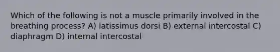 Which of the following is not a muscle primarily involved in the breathing process? A) latissimus dorsi B) external intercostal C) diaphragm D) internal intercostal