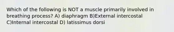 Which of the following is NOT a muscle primarily involved in breathing process? A) diaphragm B)External intercostal C)Internal intercostal D) latissimus dorsi