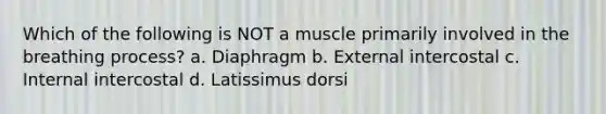 Which of the following is NOT a muscle primarily involved in the breathing process? a. Diaphragm b. External intercostal c. Internal intercostal d. Latissimus dorsi