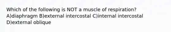 Which of the following is NOT a muscle of respiration? A)diaphragm B)external intercostal C)internal intercostal D)external oblique